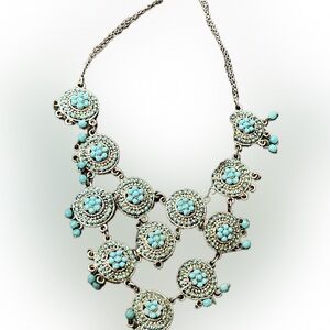 Boho Turquoise Statement Necklace — Antique Silver Tone